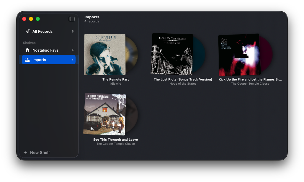 VinylPlayer collection view showing sidebar with shelves and record grid